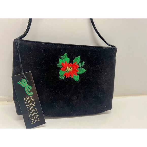 VNTG Mitzi Black Velvety Poinsettia Shoulder Crossbody Evening Handbag Purse NWT - Picture 1 of 3